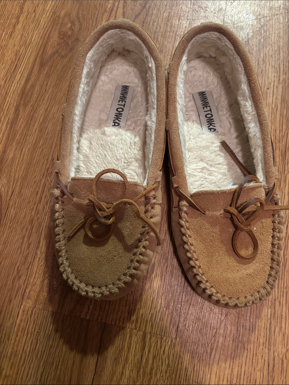 Minnetonka Tan Suede Fleece-Lined Moccasin Slippers